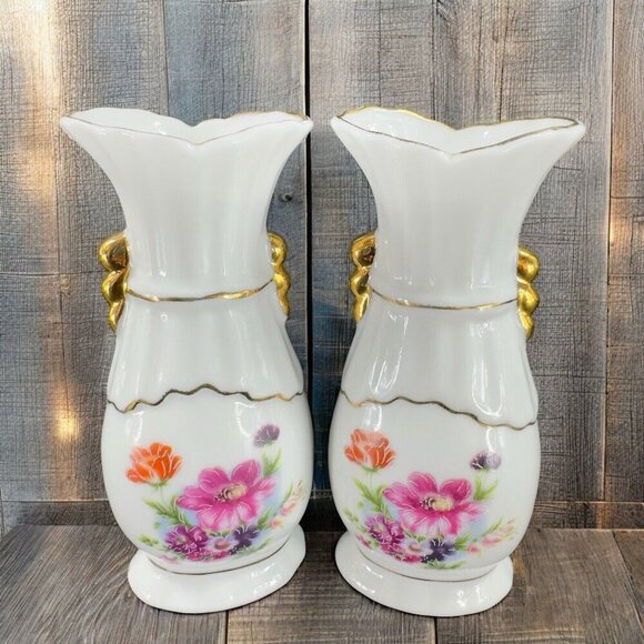 Vintage 1980s Fine Porcelain Bud Vase Set 2 With Golden Handles Flower Pattern - Picture 1 of 9